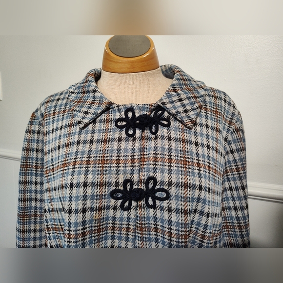 Vintage Handmade Houndstooth Cape With Collar Blue Brown White Sm-XL - Picture 2 of 7
